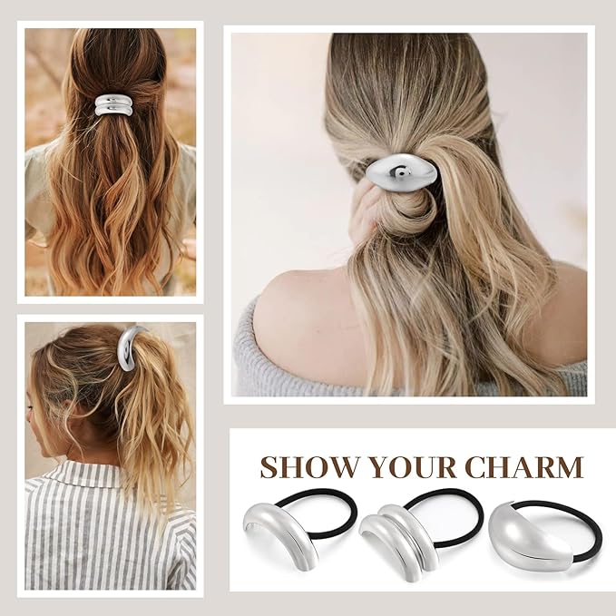 3PCS Silver Hair Ties, Metal Hair Ties for Thick Hair, Elegant Durable Geometric Design, Silver Hair Accessories Stretchy and Non-Damage Ponytail Holders, 3 Styles in Box Gifts Holiday