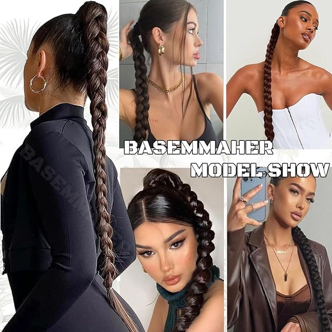 2Pcs Braided Ponytail Extensions with Hair Ties Soft Synthetic Hair Pieces Straight Wrap Around Hair Extensions Pony Tail Hairpieces Accessories for Women Daily Wear 16 Inch (Brownish Black)