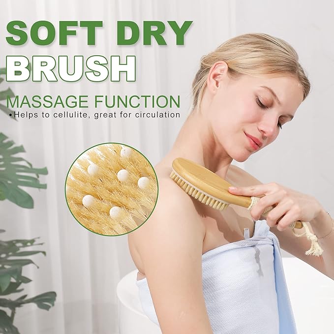 Natural Boar Bristle Dry Brush - Exfoliating Body, Face & Foot Brush, Long Handle Back Scrubber, Meridian Pressure for Lymphatic Drainage & Cellulite