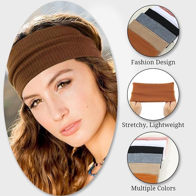 GoldenFleece 6 Pack Wide Headbands for Women Thick Elastic for Women's Hair Boho Head Bands for Thick Thin Dry Nurse Workout Sport Yoga Hair Styling Accessories