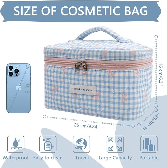 1pc Large Makeup Bag, Cute Cosmetic Bag for Women Girls, Floral Coquette Aesthetic Toiletry Bag, Travel Make Up Organizer Bag (Blue Plaid Bow)