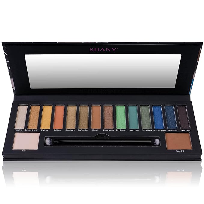 SHANY City Staycay 16-Color Eyeshadow Palette - 16 Highly-Pigmented and Long-Lasting Eye Makeup Shades with Dual-Sided Brush and Built-In Mirror (SH-0016-B)