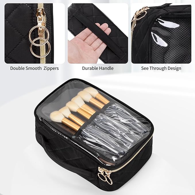 OCHEAL Clear Makeup Bag, Portable Cosmetic Bag Storage Organizer, Travel Makeup Bag Cute Clear Pouch For Women and Girls Cosmetics Bags with Divider Makeup Brush Compartment-Large Black