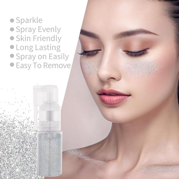 MEICOLY Silver Hair and Body Glitter Spray,Shinny Sparkle Glitter Spray for Clothes,Loose Shimmer Hairspray for Festival Rave Makeup/Stage Performance,Lightweight,25g/0.88OZ