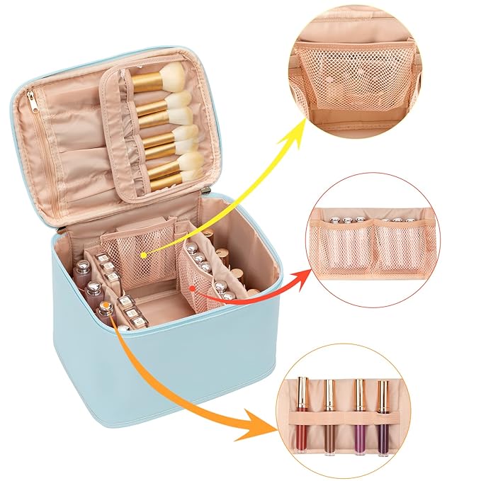 OCHEAL Makeup Bag,Large Travel Bag Organizer Cosmetic Bags for Women Washable Make Up Bag Makeup Organizer Case with Dividers - Large,Lake Blue