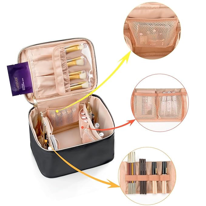 OCHEAL Travel Makeup Bag, Cosmetic Bags for Women Makeup Case Organizer Large Capacity Travel Toiletry Bag Storage Bags with Divider and Handle for Cosmetics Toiletries Brushes Tools-Large, Black