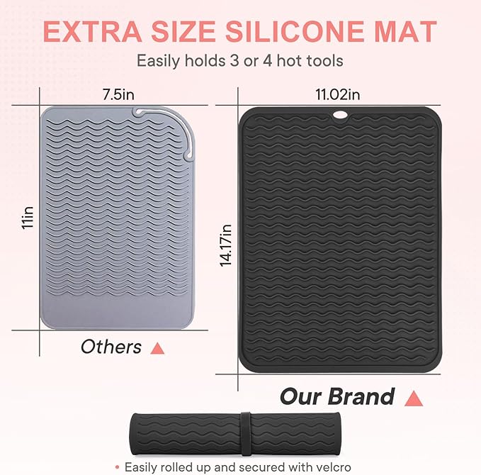Oversize Silicone Heat Resistant Mat, Portable Travel Mat Cover with Velcro for Curling Irons, Flat Irons, Hair Straightener and Hot Hair Styling Tools(14.2" x 11")