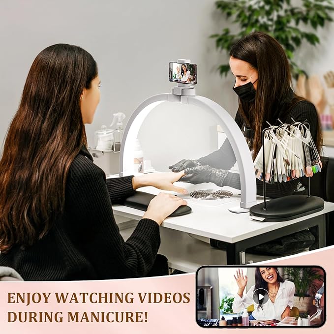 Evershop Half Moon Light for Nail Desk with Phone Holder,Portable LED Ring Light for Video Recording with Overhead Phone Mount,Nail Table Lamp for Photography,YouTube,Tiktok,Pinterest,Instagram