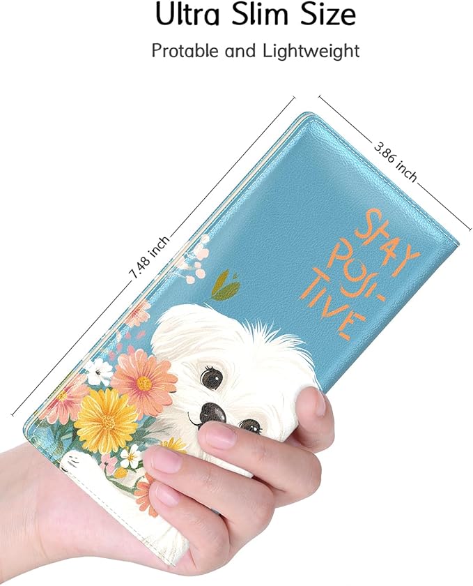 Nipichsha Womens Wallet, RFID Slim Wallets for Women, Thin Ladies Credit Card Holder Purse, Cute Leather Bifold Clutch Billfold with 11 Card Slots & ID Window, Flowers Dog