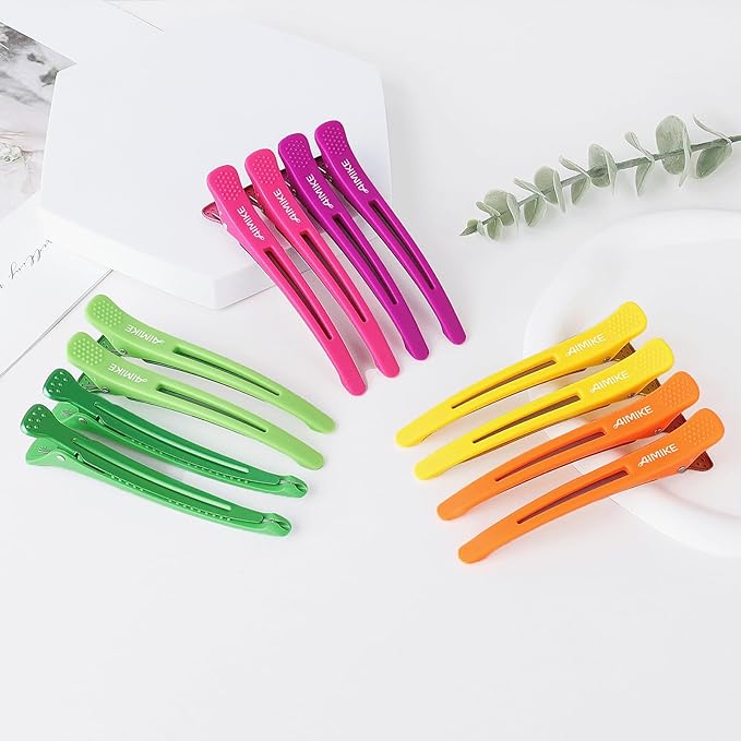 AIMIKE 12pcs Hair Clips Set - No Crease Duck Billed Clips with Silicone Band for Styling, Cutting, and Sectioning Salon Hair