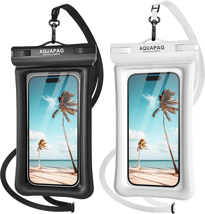 NEPHI IP68 Waterproof Phone Pouch 2 Pack-Up to 8.0",Adjustable Neck Lanyard Floating Waterproof Phone Case for iPhone,Phone Dry Bags for Vacation Beach Travel Essentials (Black White 2 Pack)