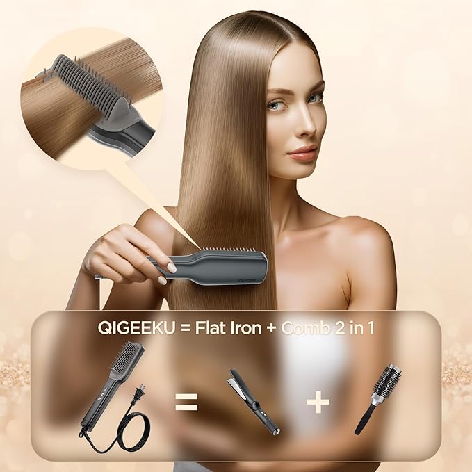 Hair Straightener Brush, Negative Ion Flat Iron & Straightening Comb 2 in 1 with Convenient Comb, Fast Heating, Anti-Scalding, 30s Fast Heating, 5 Temp Settings 284℉ - 392℉ (Gunmetal Gray)