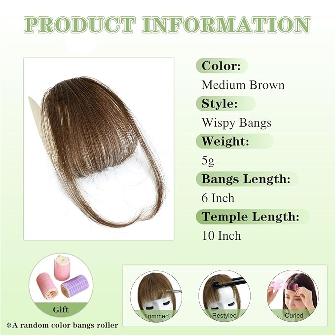 NAYOO Bangs Hair Clip -Medium Brown Fake Bangs 100% Real Human Hair Extensions Wispy Bangs for Women Fringe with Temples Hairpieces Curved Bangs for Daily Wear