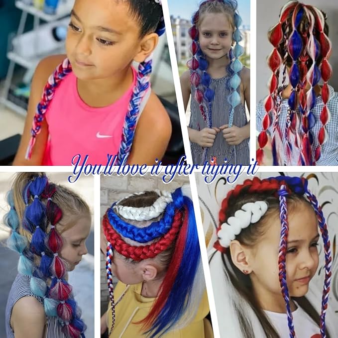 2 Pack Braid Ponytail Extension with Elastic Tie Straight Sleek Wrap Around Extensions Hair Ponytail Extension 26 Inch (Red/White/Blue#)
