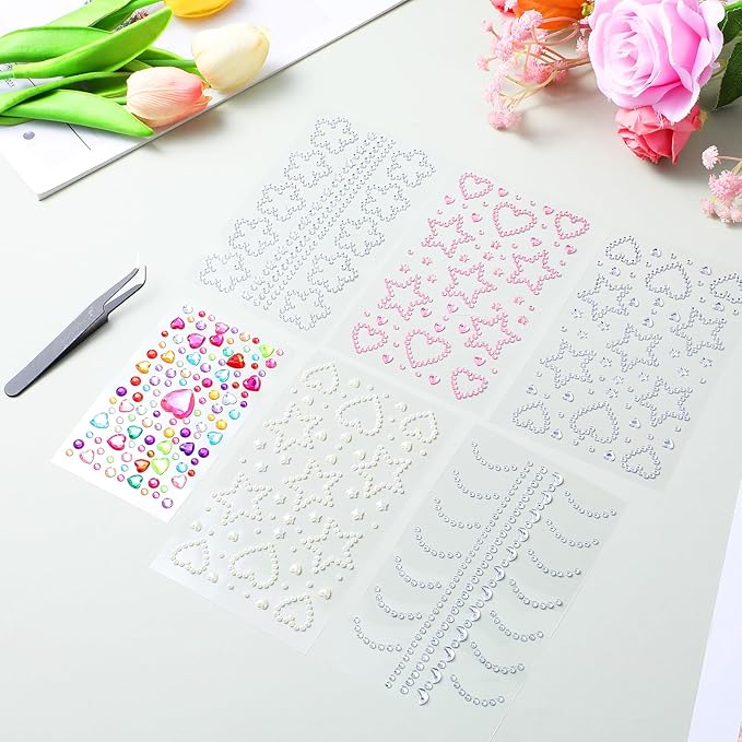 6 Sheets Face Gem Stickers Bling Heart Sticker With Tweezer Self-Adhesive Rhinestone Jewel Stickers Assorted Shapes Eye Jewels DIY Face Gems Stick on Hair Accessories For Girls for Makeup Body Crafts