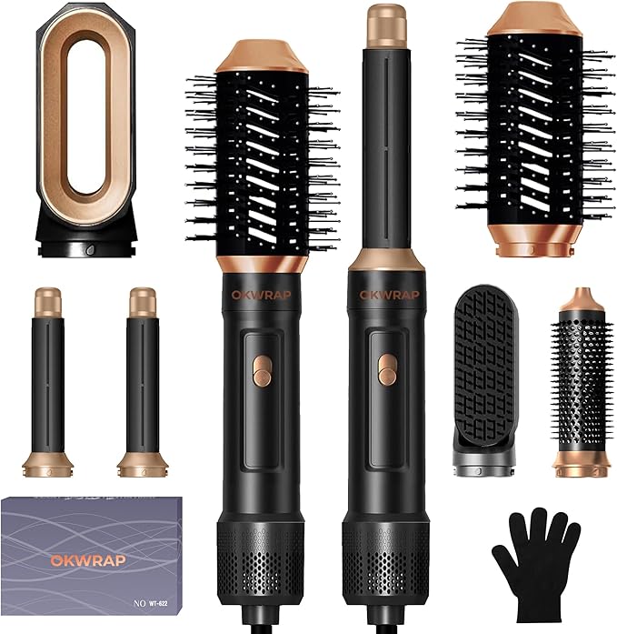 6 in ONE Blow Dryer Brush, Curling Wand Hair Styling Tools Set, Ionic Hot Air Brush Hair Dryer, Massage Oval Hair Dryer Brush, Left&Right Hair Curlers (Black Gold)
