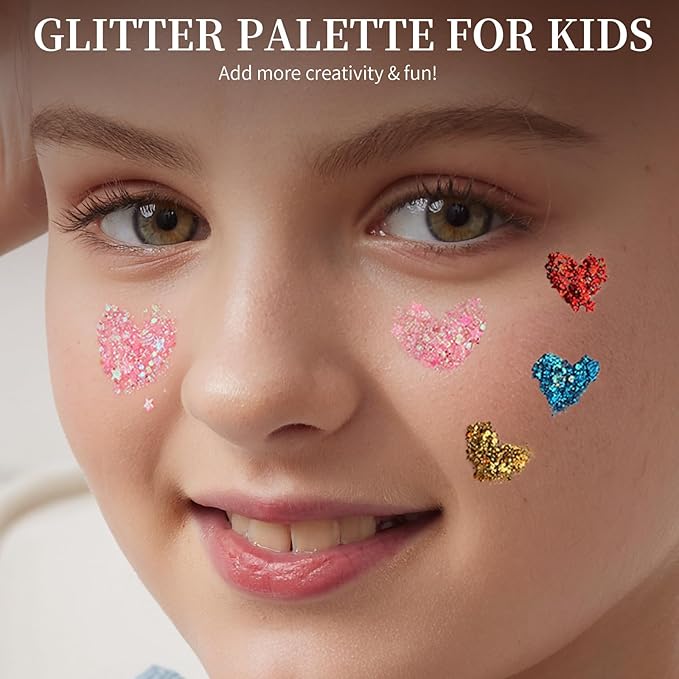 FANDAMEI Face Glitter, 2 Gel Palette 18 Grids, Body Hair Glitter for Kids Women for Makeup, Halloween Rave Concert Face Paint Glitter