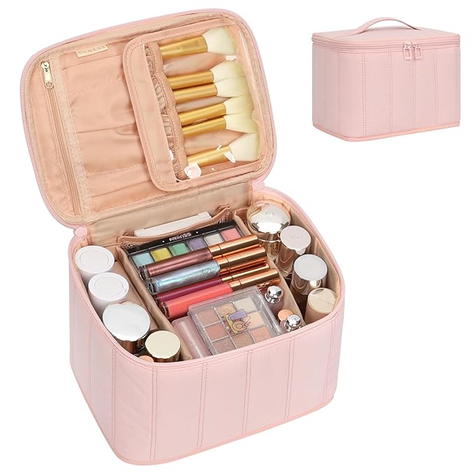 OCHEAL Travel Makeup Bag, Cosmetic Bags for Women Makeup Case Organizer Large Capacity Travel Toiletry Bag Storage Bags with Divider and Handle for Cosmetics Toiletries Brushes Tools-Pink