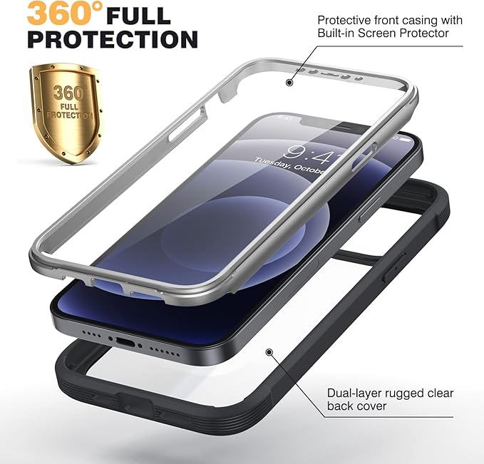 Miracase Designed for iPhone 12 Pro Max Case, Full Body Rugged Case with Built-in Touch Sensitive Anti-Scratch Screen Protector, Soft TPU Case Compatible with iPhone 12 Pro Max 6.7", Matte Black