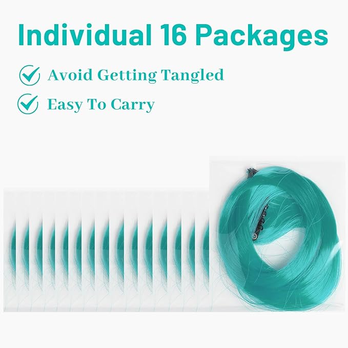 16 Pcs Colored Hair Extensions Curly Wavy Clip in Synthetic Hair Extensions,Colorful Party Highlights Hairpiece Streak for Girls Women Kids(Teal Blue)