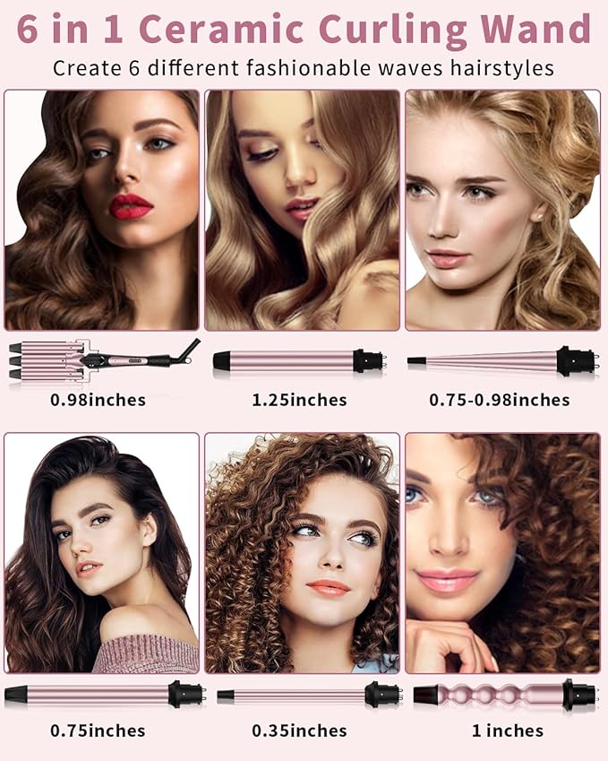 6 in 1 Curling Iron, Curling Wand Set with 3 Barrel Curling Iron and 5 Interchangeable Ceramic Curling Wand (0.35"-1.25”), Instant Heat Up 2 Temp Wand Curler, Include Heat Protective Glove & 2 Clips