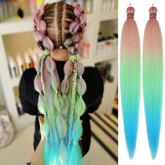 ombre Pink-Blue Pre stretched Braiding Hair 2 Packs Pre feathered Braid Hair Extensions 30 Inches Hair Braids