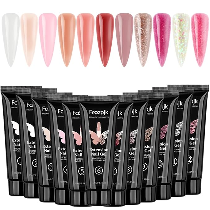 12 Colors Poly Gel Kit, Clear White Nude Pink Shiny Glitter Builder Gel Set, Quick Nail Extension, Professional Salon Supplies