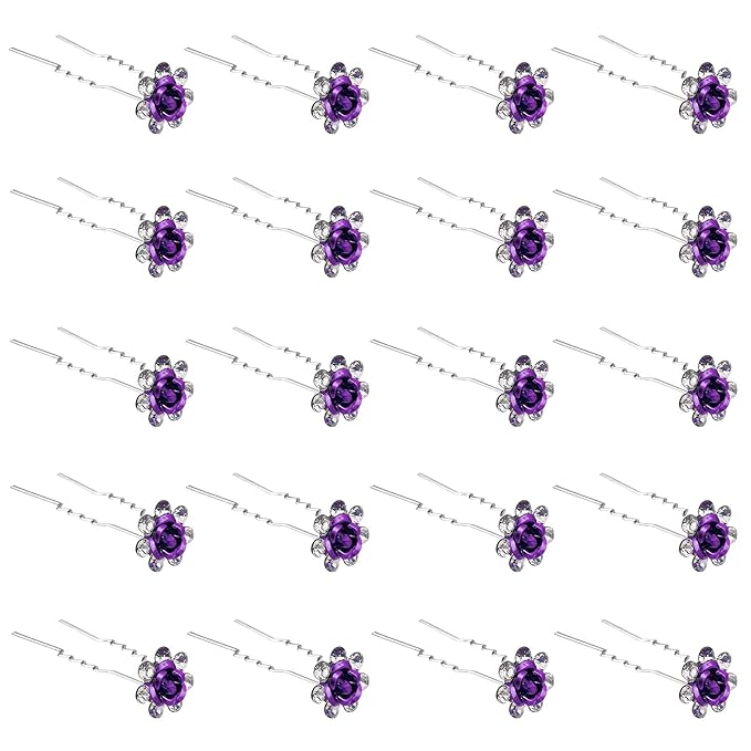 20 Pack (Purple) Crystal Hair Pins Rose Flower Rhinestone Hair Clips for Bridal Wedding Women Hair Jewelry Accessories, with Clear Container