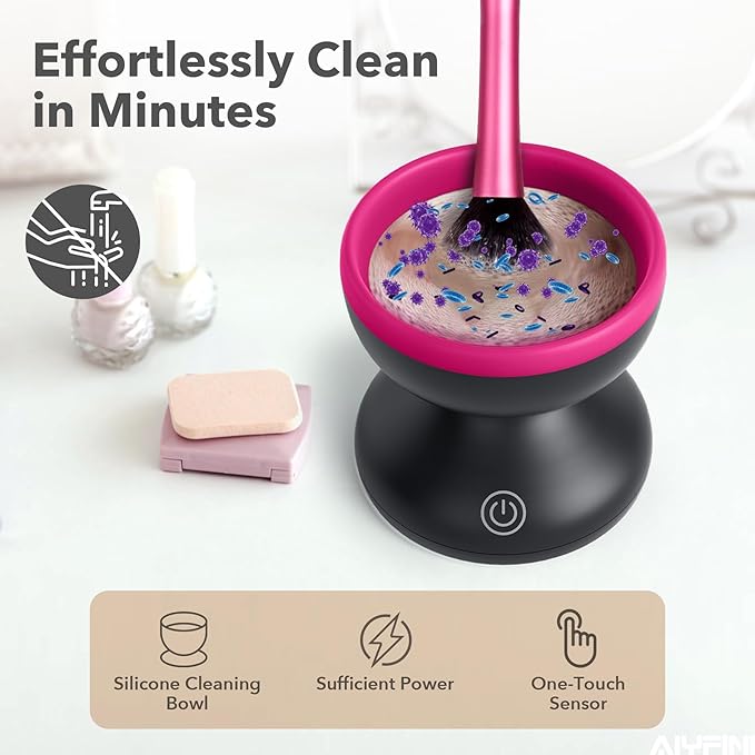 Alyfini Electric Makeup Brush Cleaner Machine, Powerful Friction Removes Residue on Make up Brushes Set/Sponge/Powder Puffs, Efficient Cleaning, Portable Spinning Washer, Save Cleanser & Shampoo