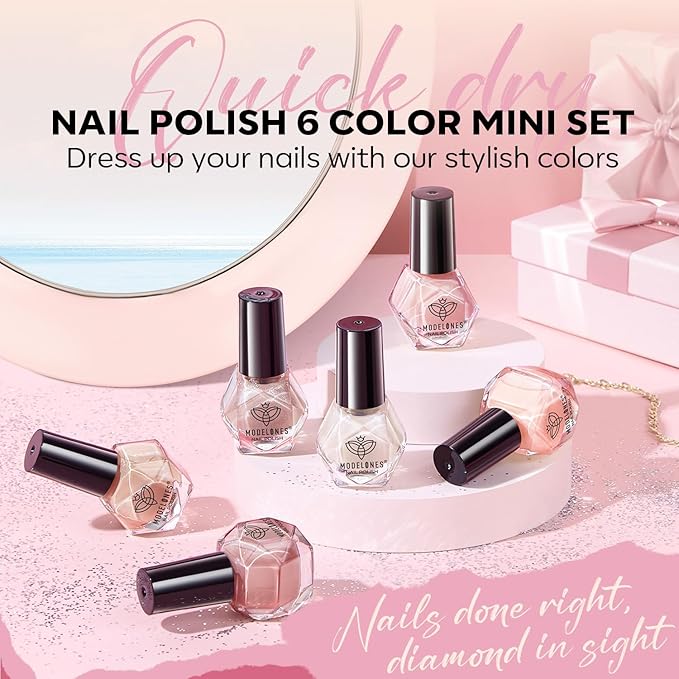MODELONES Nail Polish Set, 6 Colors Natural Nude Nail Polish Bubble Bath Quick Dry Skin Tone Glitter Spring Summer Nail Polish Kit Fingernail Polish Nail Art Salon Home Easter Gifts For Women Girl