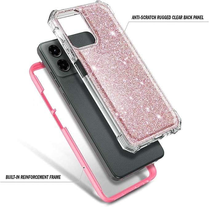 Designed for Motorola Moto G-Power-5G-2024 Case with Tempered Glass Screen Protector, 12FT Military Grade Drop Tested, Full-Body Protective Shockproof Bumper Cover, Glitter Rose Gold