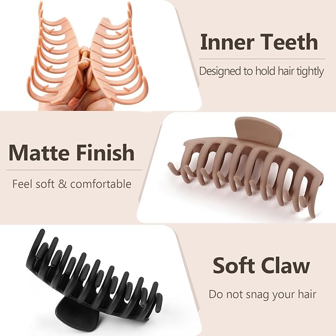 TOCESS 8 Pack Neutral Big Hair Claw Clips for Women Large Claw Clip for Thin Thick Curly Hair 90's Strong Hold 4.33 Inch Nonslip Matte Hair Clips