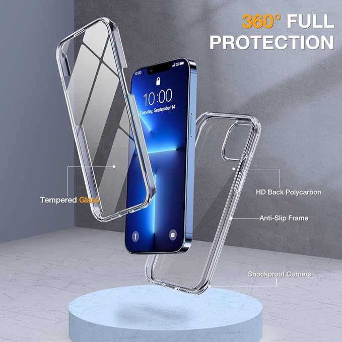 Miracase Glass Series for iPhone 13 Pro Max Case 6.7 Inch, Full-Body Protective Bumper Case with Built-in 9H Tempered Glass Screen Protector and Camera Lens Protector, B-Clear