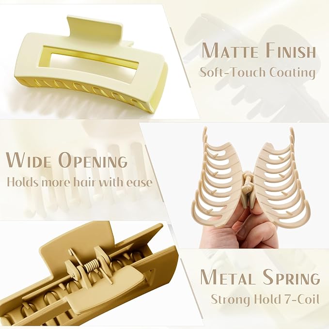 TOCESS Big Claw Clips for Women & Girls, 8 Pack 4.33 Inch Matte Jumbo Hair Claw Clips, Strong Hold Non-Slip Rectangle Hair Clamps for Thick, Curly, Long or Fine Hair
