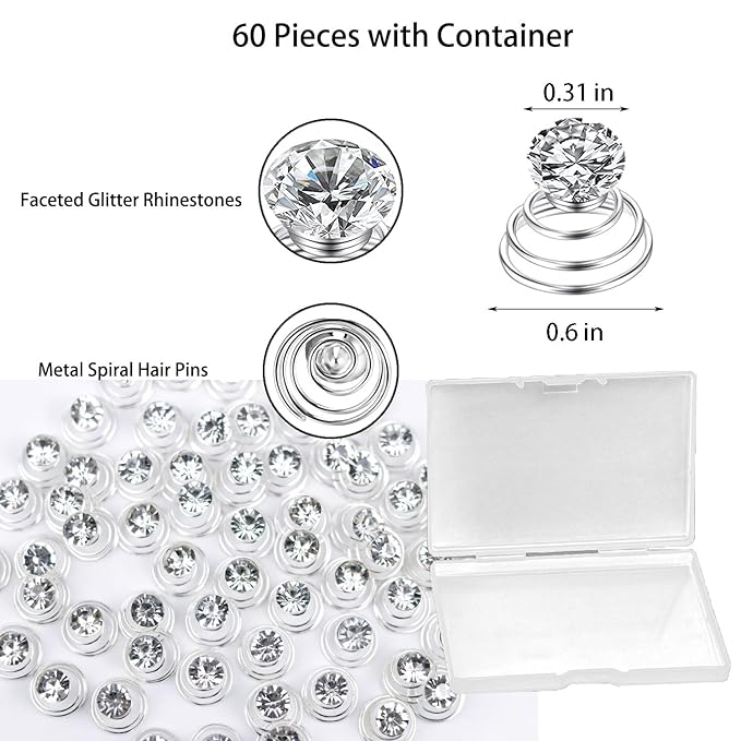 60 PCS Gems Rhinestone Twister Hair Studs Set Diamond Spiral Pearl Flower Jewels Hair Pins Sticks for Wedding, Bridal, Prom, Party and Special Occasion(Classic Diamonds)
