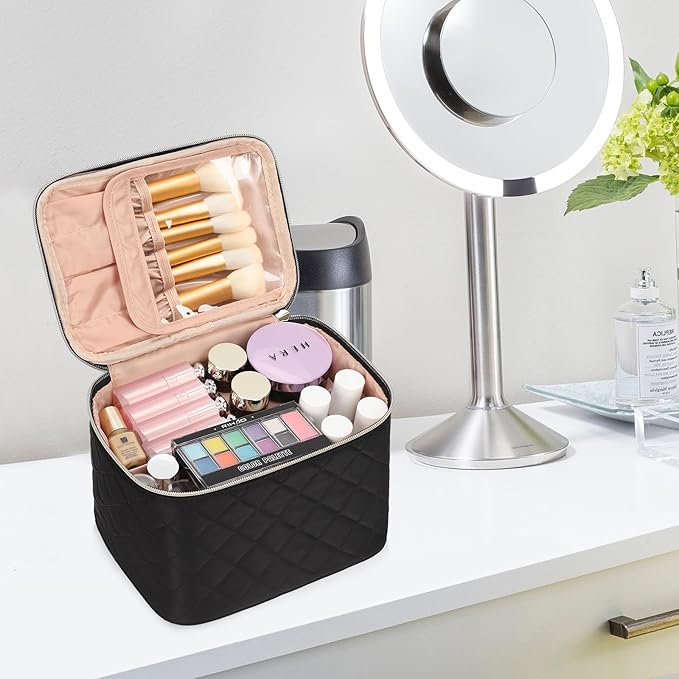 OCHEAL Makeup Bag, Large Capacity Travel Make Up Bag for Cosmetics Vertical Storage,Toiletry Bag for Skincare Makeup Organizer Bag-Nylon Black