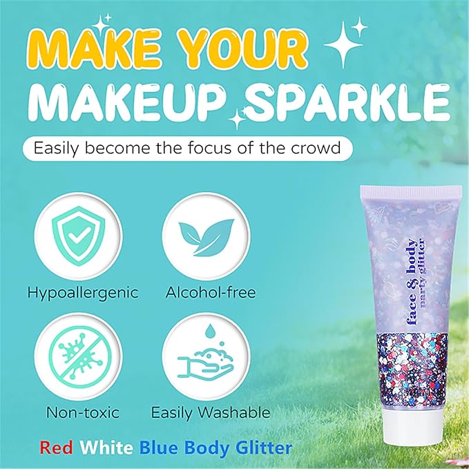 Go Ho Red White and Blue Body Glitter,USA Flag Pride Face Glitter,4th of July Outfits for Women Reflective Glitters Makeup,Holographic Long Lasting Chunky Sequins,Fourth of July Accessories