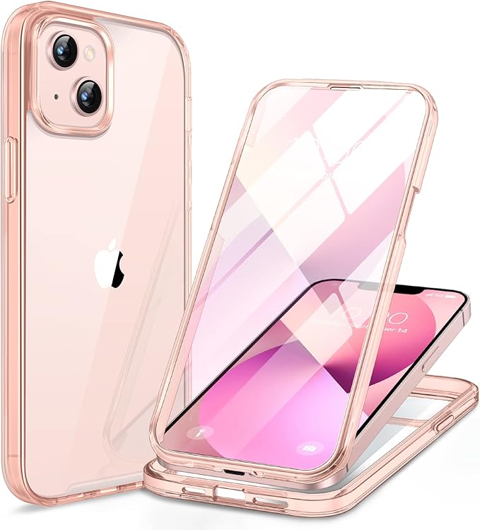 Miracase Glass iPhone 13 Case 6.1 inch, 2023 Upgrade Full-Body Clear Bumper Case with Built-in 9H Tempered Glass Screen Protector for iPhone 13,Clear Pink