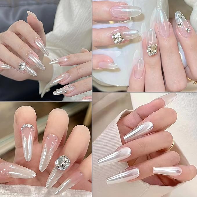 Mirror Effect Chrome Nail Powder,White Pearl Iridescent Aurora Magic Pearlescent Nail Jewelry Glitter Powder Holographic Pigment Pearl Glitter Dust,DIY Nail Art Decorations,3g