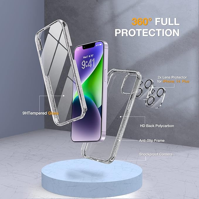 Miracase Glass Series Designed for iPhone 14 Case 6.1 inch, 2023 Upgrade Full-Body Clear Bumper Case with Built-in 9H Tempered Glass Screen Protector and Camera Lens Protector,Clear Glitter