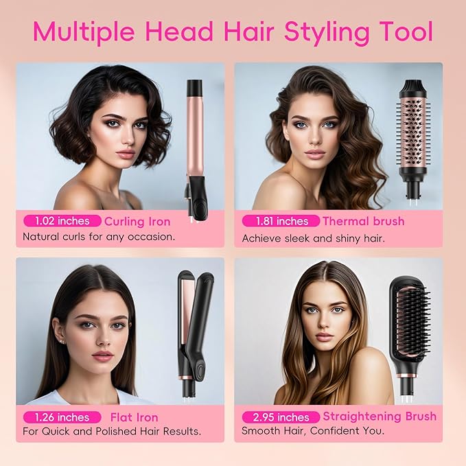 Nicebay Hair Straightening Brush Set with Thermal Brush Flat Iron, 1 Inch Ceramic Curling Iron, 5 Adjustable Temps Professional Fast Heat with Glove, Dual Voltage for Travel, Women Gifts