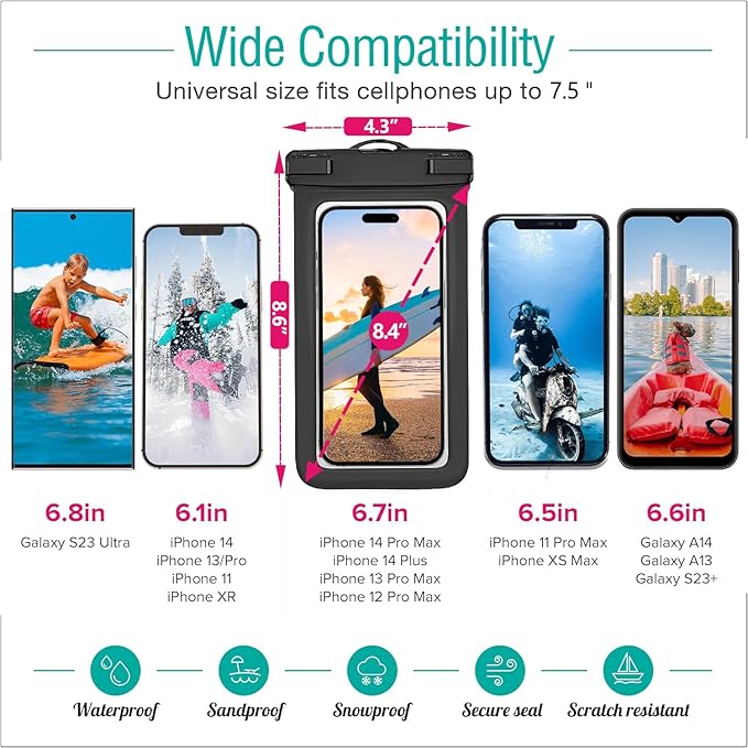 5 Pack Waterproof Phone Pouch IPX8 Universal Waterproof Case Dry Bag Phone Protector for iPhone 15 14 13 12 11 Pro Max Plus XS XR X 8 Galaxy S23 S22 S21 S20 Pixel Up to 7.5"(Multicolor 5)