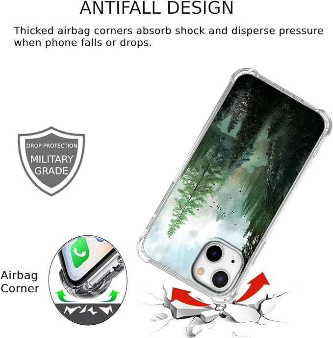 Case for iPhone 13 with Forest Design,Mountain and Birds Beautiful Scenery Nature Pattern,Soft TPU Bumper Phone Cover(13,Wood)