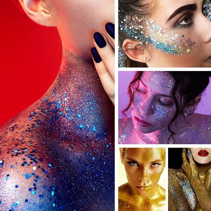 Mysense Silver Body Glitter Stick,Face Hair Glitter Makeup,Sparkling Mermaid Sequins Chunky Glitter Face Paint,Singer Concert Outfit Festival Rave Accessories for Women and Kids