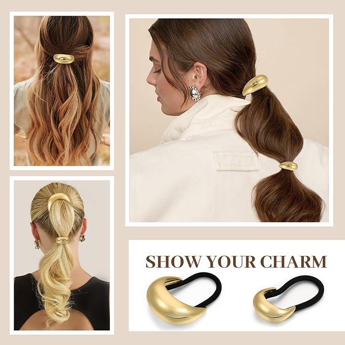 2PCS Gold Hair Ties for Women - Metal Hair Accessories for Thick Hair, Elegant and Durable Geometric Design, Ponytail Cuffs Stretchy Non-Damage