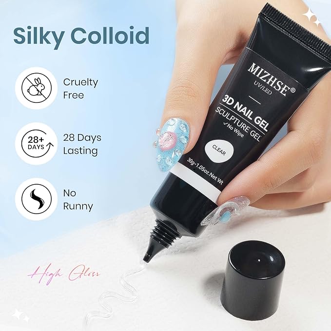 MIZHSE 3D Nail Gel Clear Sculpting for Nail Art Nail Charms 3D Gel Nail Art No Wipe Nail Supplies U V LED Salon Manicure Home DIY