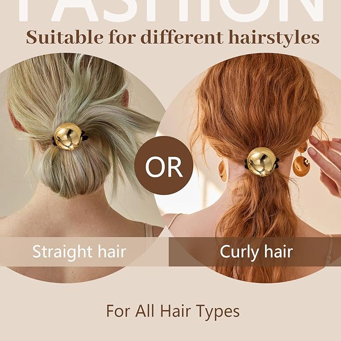 4PCS Gold Hair Ties, Metal Hair Ties for Thick Hair, Elegant Durable Round Geometric Design Hair Cuffs for Ponytails, Gold Hair Accessories Stretchy Non-Damage Ponytail Holders Holiday Gifts