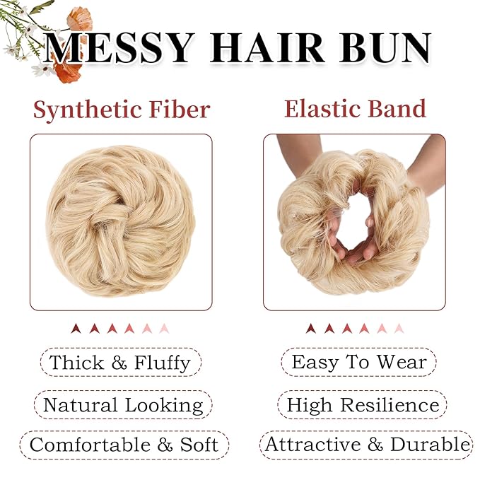 MORICA 1PCS Messy Hair Bun Hair Scrunchies Extension Curly Wavy Messy Bun Hair Synthetic Chignon Hairpieces for Women(22/613#(Pale Golden Blonde & Bleach Blonde Mixed))