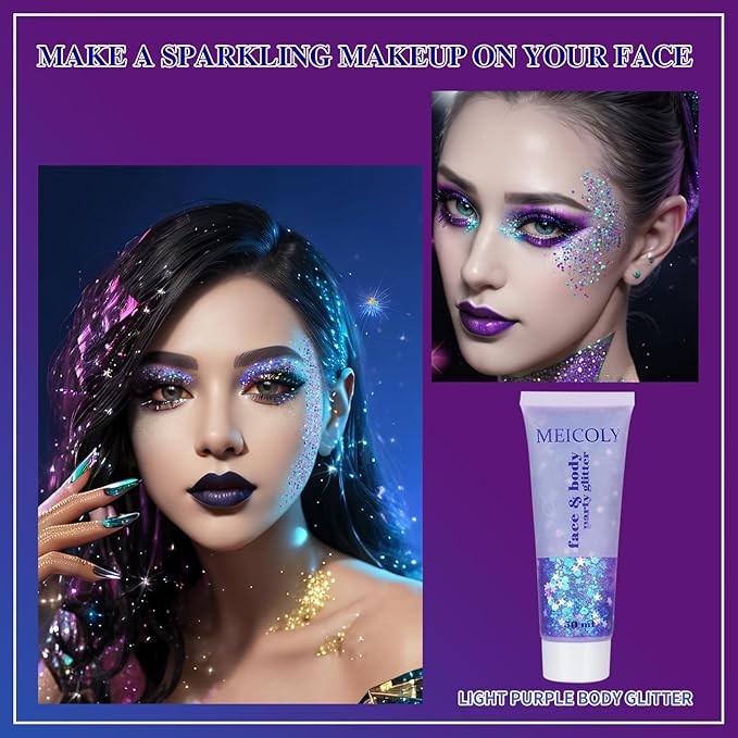 MEICOLY Light Purple Body Glitter,Chameleon Purple Mermaid Face Glitter,Mardi Gras Outfit for Women,Rave Glitter Makeup,Glitter Face Paint,Hair Chunky Glitter,Sparkling Glitter Gel for Women,50ml