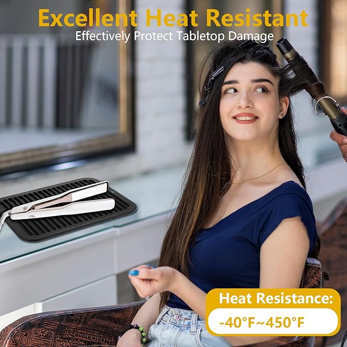 Large Heat-Resistant Mat for Styling Tools - 12"x9" Professional Flat Iron Mat, Travel Silicone Mat for Curling Irons, Hair Straighteners, Blow Dryers, and Salon Appliances, Black